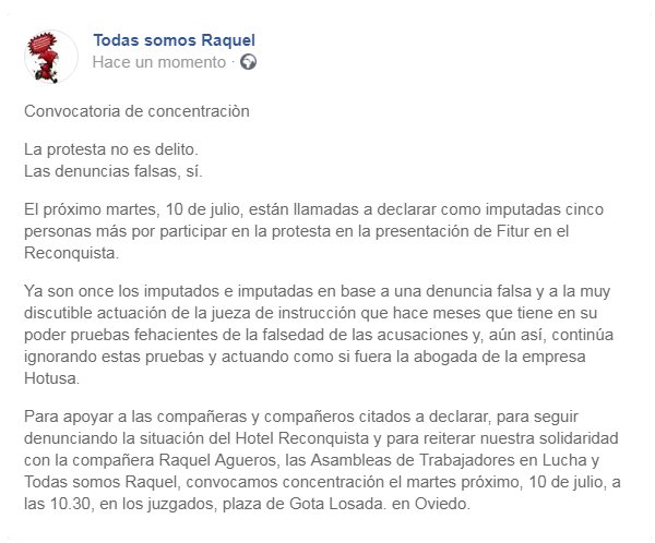 TodasomosRaquel's tweet photo. Las Asambleas de Trabajadores en Lucha y Todas somos Raquel, convocamos concentración el martes próximo, 10 de julio, a las 10.30, en los juzgados, plaza de Gota Losada. en Oviedo.
La protesta no es delito.
Las denuncias falsas, sí https://t.co/3yaEbCQ1pk