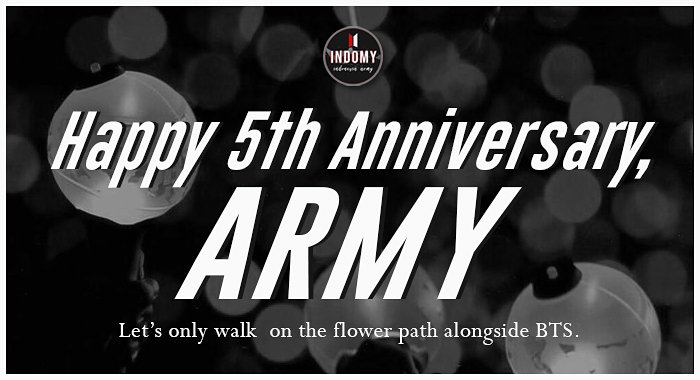 lNDOMY's tweet photo. Happy 5th anniversary, ARMY!

Semoga kedepannya keluarga kesayangan kita ini semakin baik, kompak dan dewasa. Bisa selalu bareng-bareng @BTS_twt terus, dukung &amp; nemenin 7 member kapanpun dan dimanapun.

2013 - Forever 💜
#PurpleARMYDay #아미_5주년_축하해 https://t.co/zskd5pmfCg