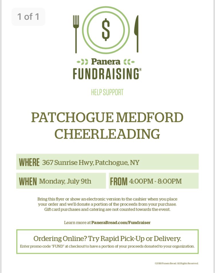 Come down to Panera in Patchogue tomorrow 7/9 between 4 and 8 and show this ad! Help support Pat Med Cheerleading!!
