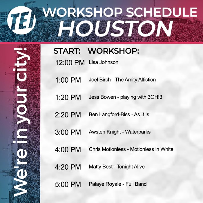 thinktei's tweet photo. Last day in Texas, Houston! See you at a TEI workshop! 
Today our TEI tent is near Simple Plan's tent.
Check in for your workshop 10 minutes before the start time at the blue TEI flags by the Journeys Left Foot Stage. 
#warpedtour #thinktei #easchoolofmusic https://t.co/MNWHKDtMhB