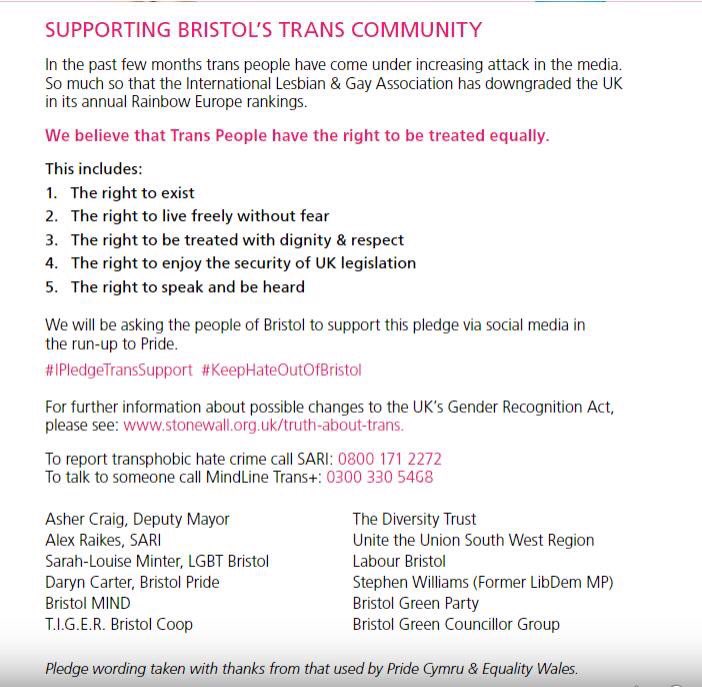 BristolLGBTNet's tweet photo. Don’t forget that @BristolPride has pledged support to the trans community in Bristol. With the events in London yesterday it is more and more clear how important it is to fight for the rights of all members in our community. #IPledgeTransSupport #KeepHateOutofBristol #Pride2018 https://t.co/pMDzAGg5GG