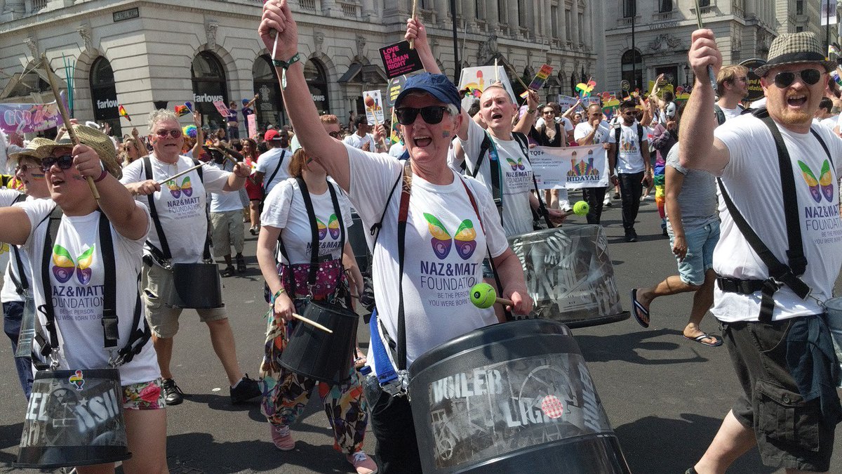 nazandmatt's tweet photo. Massive THANK YOU and ❤️ HUGE HUGS❤️ to the wonderfully fabulous Pandemonium Drummers (@2012drummers) who marched with @nazandmatt's group yesterday for @PrideInLondon. Beating their drums every step of the way they got the crowd dancing &amp; the marchers invigorated.THANK YOU🙏 https://t.co/2VTYi2n6SF