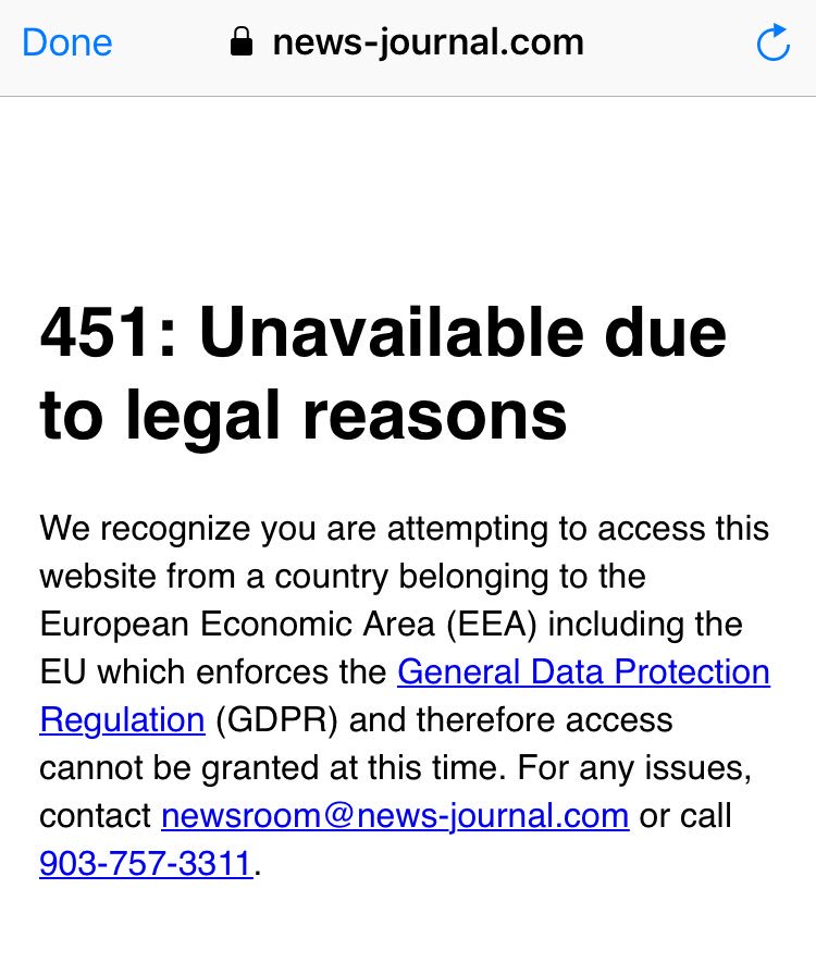 _KimWesterlund's tweet photo. I just hit the #GDPR-wall with @newsjournal. Sneaked over it with  #freedomeVPN just to find out that the site is not even trying to track me nor does it require sharing PII #http451 #CyberBullying 😤 https://t.co/fFqpc275jV