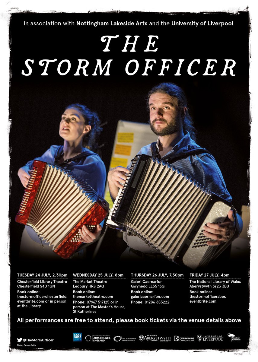 TheStormOfficer's tweet photo. From the 24th-27th July, we will be touring The Storm Officer in England &amp; Wales! We will be touring to #ChesterfieldLibrary @Derbyshirecc (24th), @Market_Theatre (25th), @_GALERI_ (26th) &amp; @NLWales (27th). Booking details via our tour poster below #touring https://t.co/7MHFdRyLfI