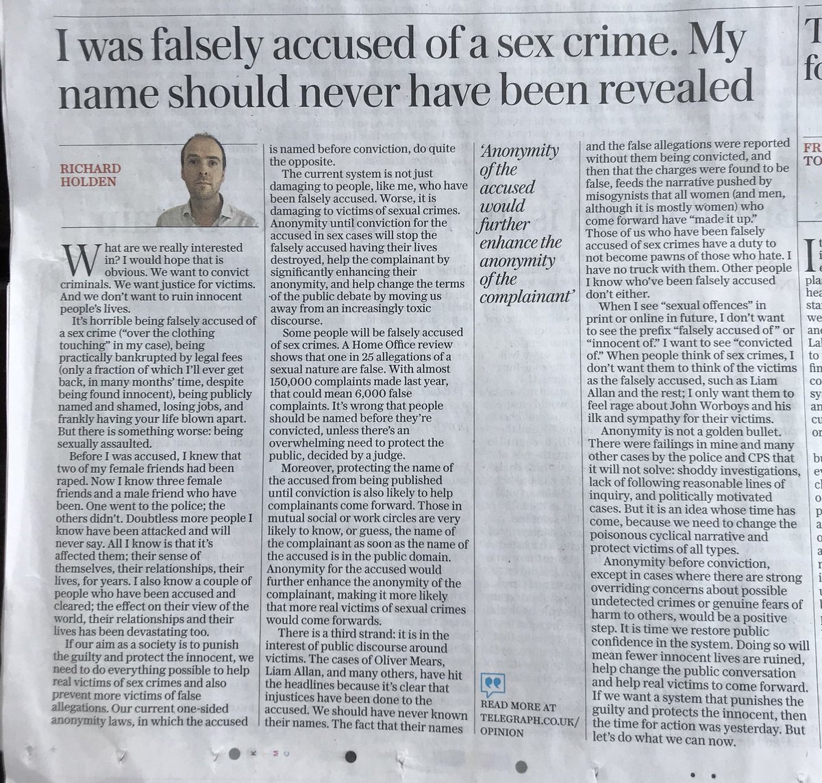 My opinion piece in my today’s Sunday <a href="/Telegraph/">The Telegraph</a> on #AnonymityBeforeConviction - please read what I say before commenting! It follows my piece in <a href="/ConHome/">ConservativeHome</a> this week. Thanks <a href="/TWWelsh/">Tom Welsh</a> for all you help! Will tweet link to online article when it’s up.
