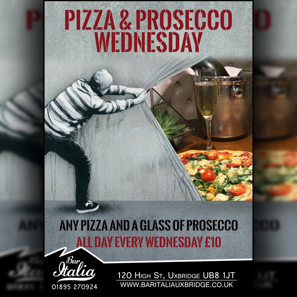 BarItaliaLDN's tweet photo. *PIZZA &amp; PROSECCO WEDNESDAY*

Join us for ANY PIZZA &amp; GLASS OF PROSECCO for only £10 all day, every Wednesday!

Just in time for the England match on Wednesday 😉.

#baritalia #uxbridge #drink #prosecco #pizza #food #deal #mixology #mixologist #infusion #pizzalover https://t.co/1eOnJl5Eu1