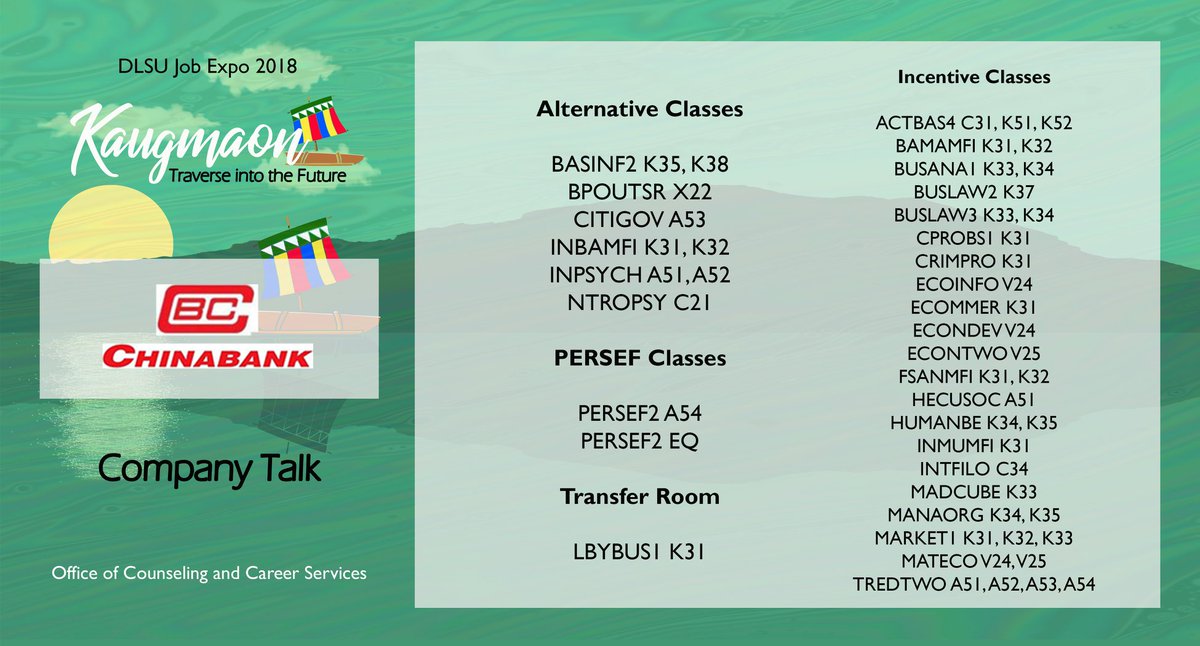 Dlsu_Occs's tweet photo. [1/2]
Wednesday company talks are coming your way!

Participate in company talks on July 11, 2018, Wednesday to get incentives from your classes.

Please come at least 15 minutes ahead of time to secure your seat. See you there!

#Kaugmaon
#TraverseIntoTheFuture
#DLSUJobExpo2018 https://t.co/B3NnTPBofx