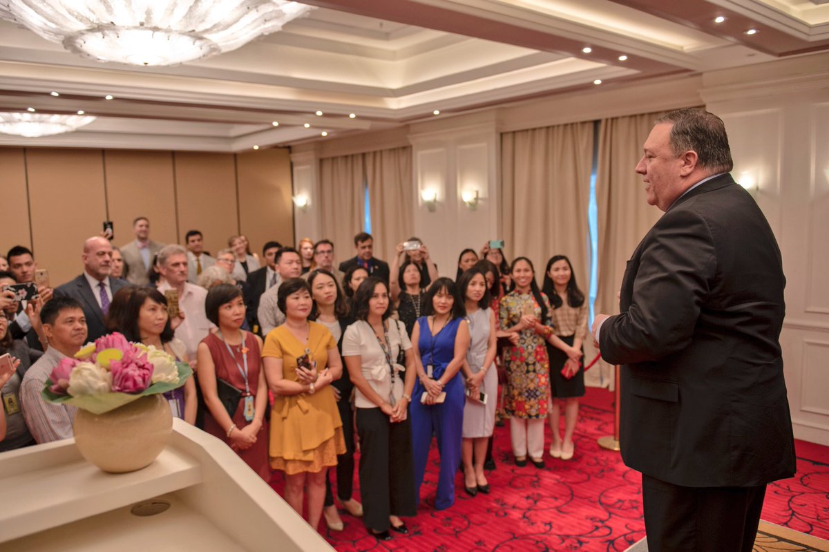 SecPompeo's tweet photo. Excited to meet with Mission Vietnam colleagues on my first visit to #Vietnam. Thank you again for all your hard work in putting together the excellent @POTUS trip last fall for @APEC and for making my inaugural visit here a resounding success. #MeetWithMike https://t.co/Os6PlIsR71