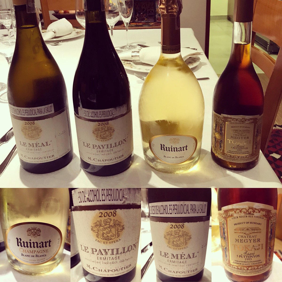 JoseRafaArango's tweet photo. Anoche la boté toda salieron estas 4 joyas de mi cava 🍾🍷🍇 #ruinart #m_chapoutier #chateaumegyer #tokaji #champagne #blancdeblanc #ermitage #syrah #viogner #rodano #5puttonyos 🇫🇷 🇭🇺 vinos 🍷 extraordinarios👏🏻👏🏻👏🏻 https://t.co/1NX8WvMDo2