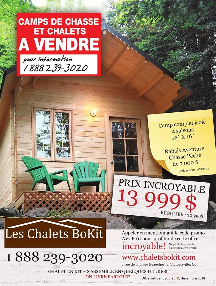 ChaletsBoKit's tweet photo. Nouvelle promotion en cours !#chasse #peche #promotion #Camp #chalet #minichalet #tinyhouse #codepromo #rabais #bois https://t.co/gK9JMfuVif