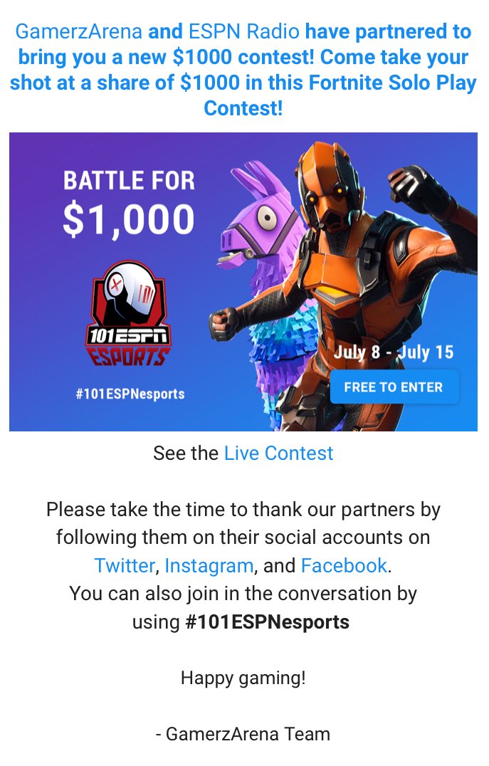 our 7 day tournament with gamerzarena started today 101espnesports head there http esports 101sports com or here - fortnite tournament st louis