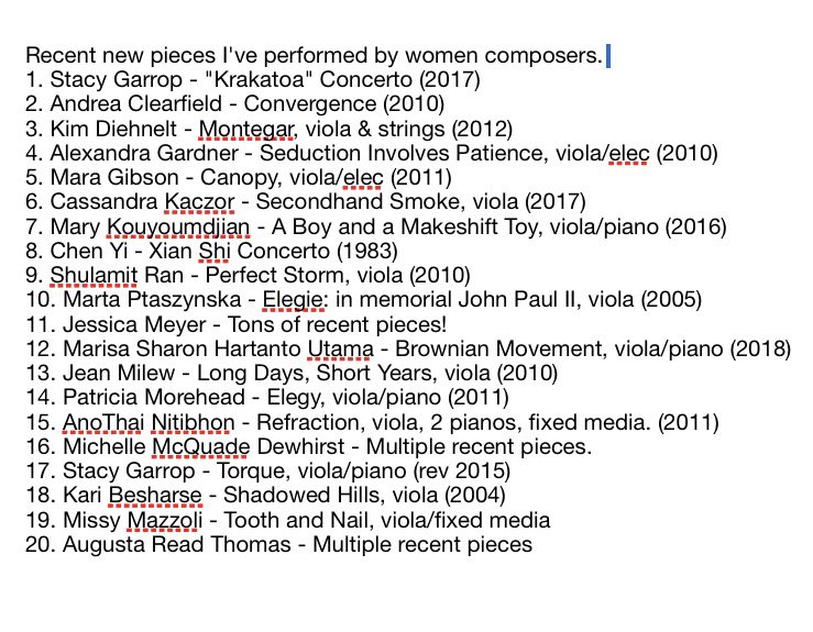 mhall_viola's tweet photo. I was asked if I knew any new music written for viola by women composers. Here's a list of pieces I've recently performed. 
#womencomposer #viola
@GibsonMara @missymazzoli @AlmaMauler @MKouyoumdjian @CassandraKaczor @MaestraKimD @StacyGarrop @alexandragard https://t.co/4i9iHMePF5