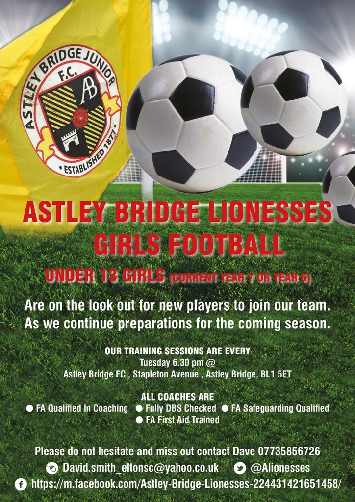 ALionesses's tweet photo. Please rt @BOLTONFMSPORT @SafeHandsGK1 @manorAstro @bolton_sport @StTeresasLL @BBDFL_GIRLS @TheBBDFL @astleybridge15 @AstleyBridgeJFC https://t.co/Z7Z170sZWw