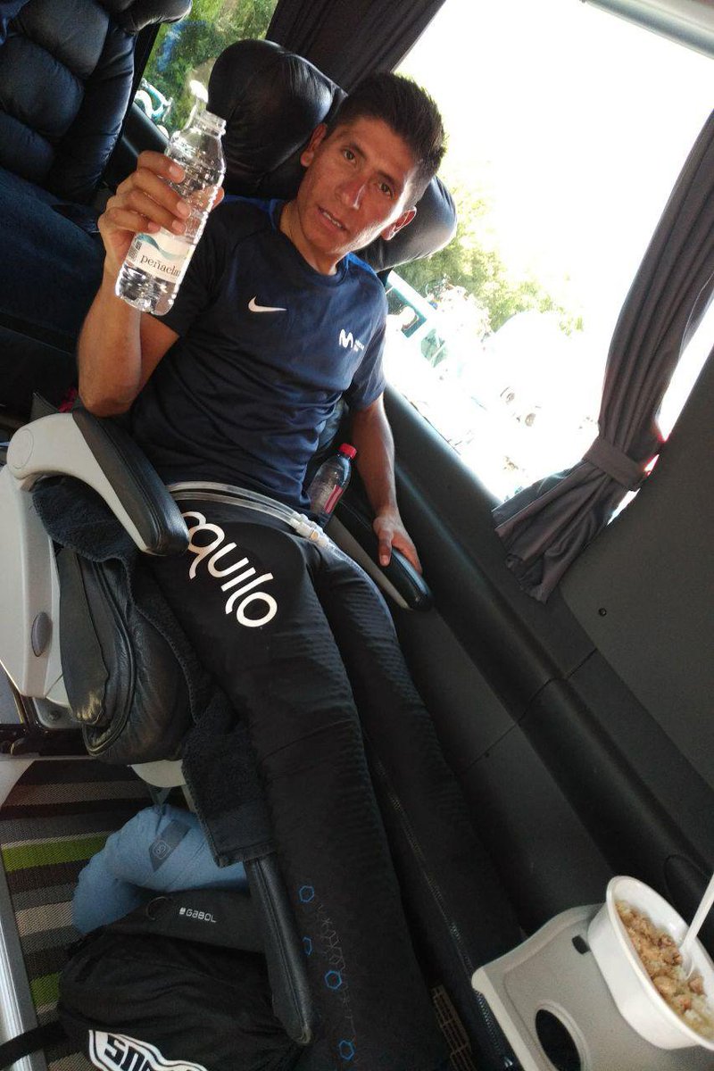 Movistar_Team's tweet photo. Recovery starts right after today's #TDF2018 stage ends for @NairoQuinCo, thanks to @AquiloSports' cryocrompression solutions. Thanks for your support! #RodamosJuntos https://t.co/TYxMb5nikG