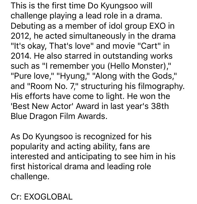 EXOGlobal's tweet photo. [NEWS] 180708 [The second half of the year drama] Shin Dongyeop-Shin Hyesun-Do Kyungsoo, stars who are being tested with a new challenge https://t.co/VDajrlsxQA

#EXO #엑소 @weareoneEXO https://t.co/4kATdIFVsE