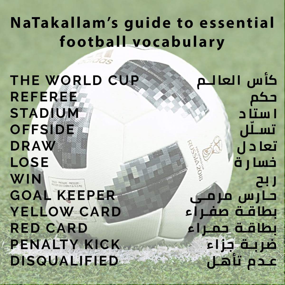 NaTakallam's tweet photo. We're now at the semifinals' phase of the #WorldCup, and our #conversationpartners ("CPs") want to make sure you're able to practice your Arabic during these ultimate, critical stages. Here's a small list they've put together:  #NaTakallam's Guide to Essential #Football vocab :) https://t.co/z9ESEsOVzJ