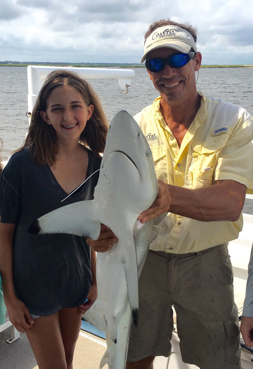 JoshKivett's tweet photo. Always blessed to go fishing with my girls! @KivettCaroline has the hot hand today: 13 total catches, including this massive black tip shark. #SSI #GoldenIsles #SouthGA #OnTheFish https://t.co/4XiMpxSjBm