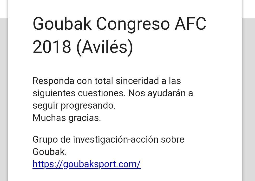 goubak_sport's tweet photo. Desde #GoubakTEAM agradecemos difusión y/o realización de este #formulario por tod@s aquell@s asistentes al taller en @CongresoAFC2018 👉🏻vuestra opinión al respecto nos importa mucho👈🏻 #Gracias y...¡Feliz #Verano !
https://t.co/GFAKgS85RO https://t.co/YA5oyVLK8i