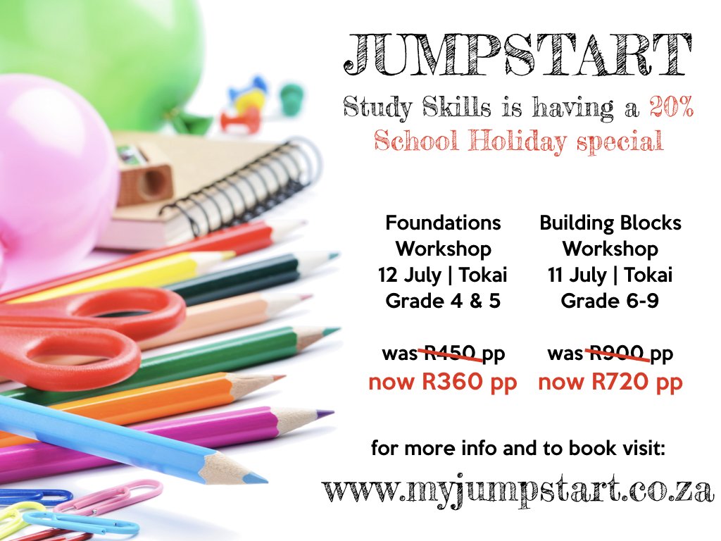 Is your child in grade 4-9? Do you want to give them an academic edge? Get 20% off if you book now for one of our study skills workshops. myjumpstart.co.za