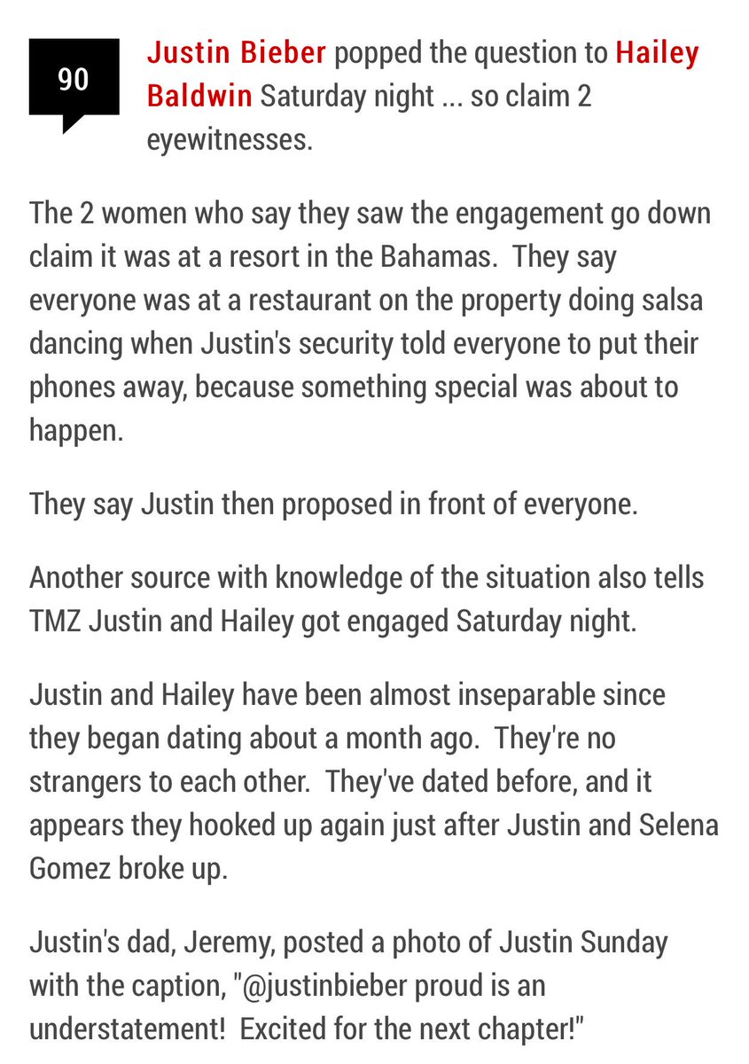 dailyjaileybr's tweet photo. RUMOR: O site TMZ postou o depoimento de duas SUPOSTAS testemunhas oculares, que teriam presenciado Justin Bieber propondo Hailey Baldwin em casamento nas Bahamas. Tradução da publicação na íntegra: https://t.co/9Ge8jgU3dt
