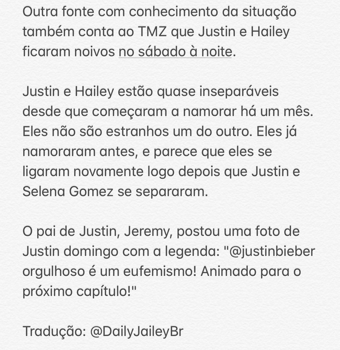 dailyjaileybr's tweet photo. RUMOR: O site TMZ postou o depoimento de duas SUPOSTAS testemunhas oculares, que teriam presenciado Justin Bieber propondo Hailey Baldwin em casamento nas Bahamas. Tradução da publicação na íntegra: https://t.co/9Ge8jgU3dt