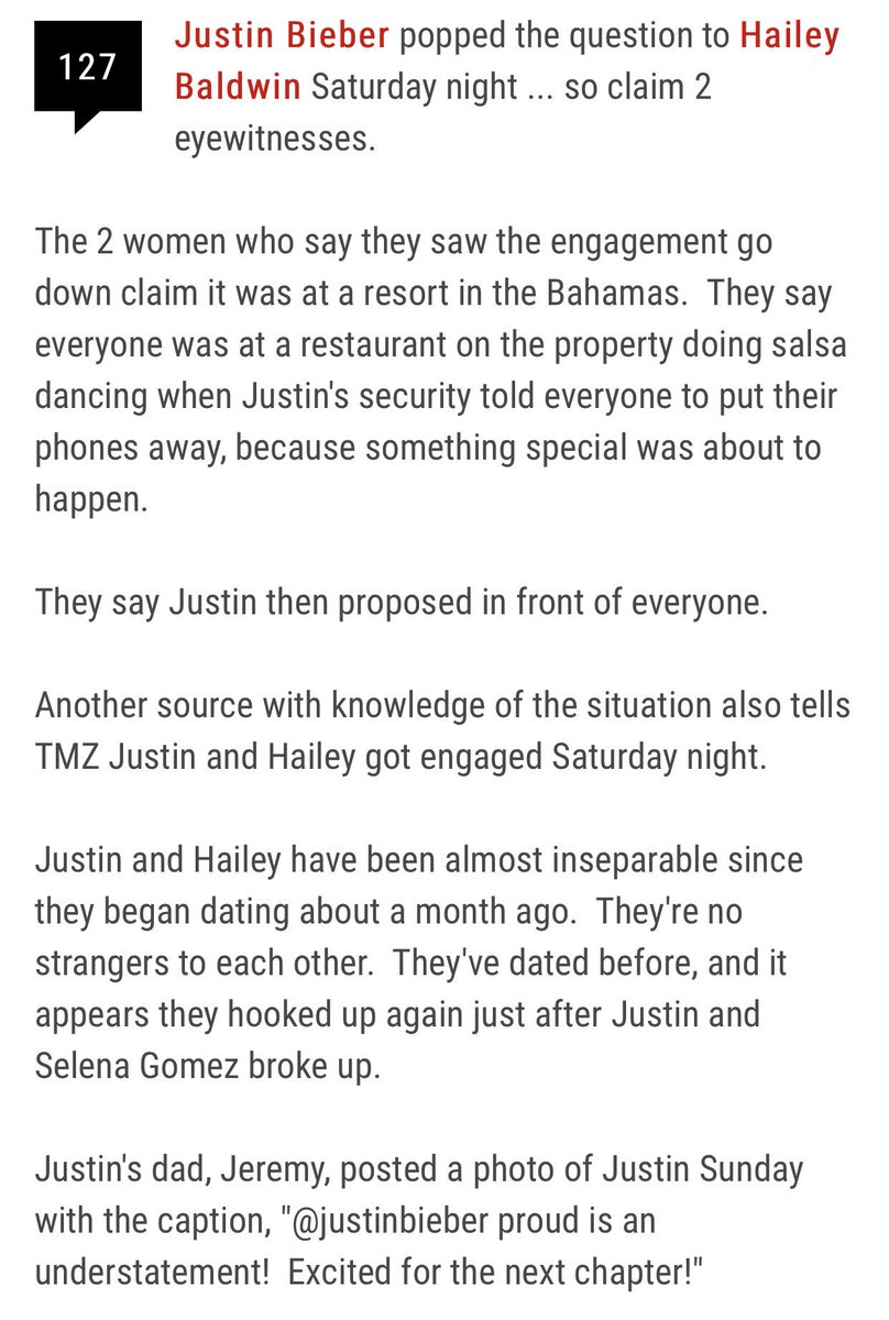 According to TMZ, @JustinBieber and @HaileyBaldwin are engaged!