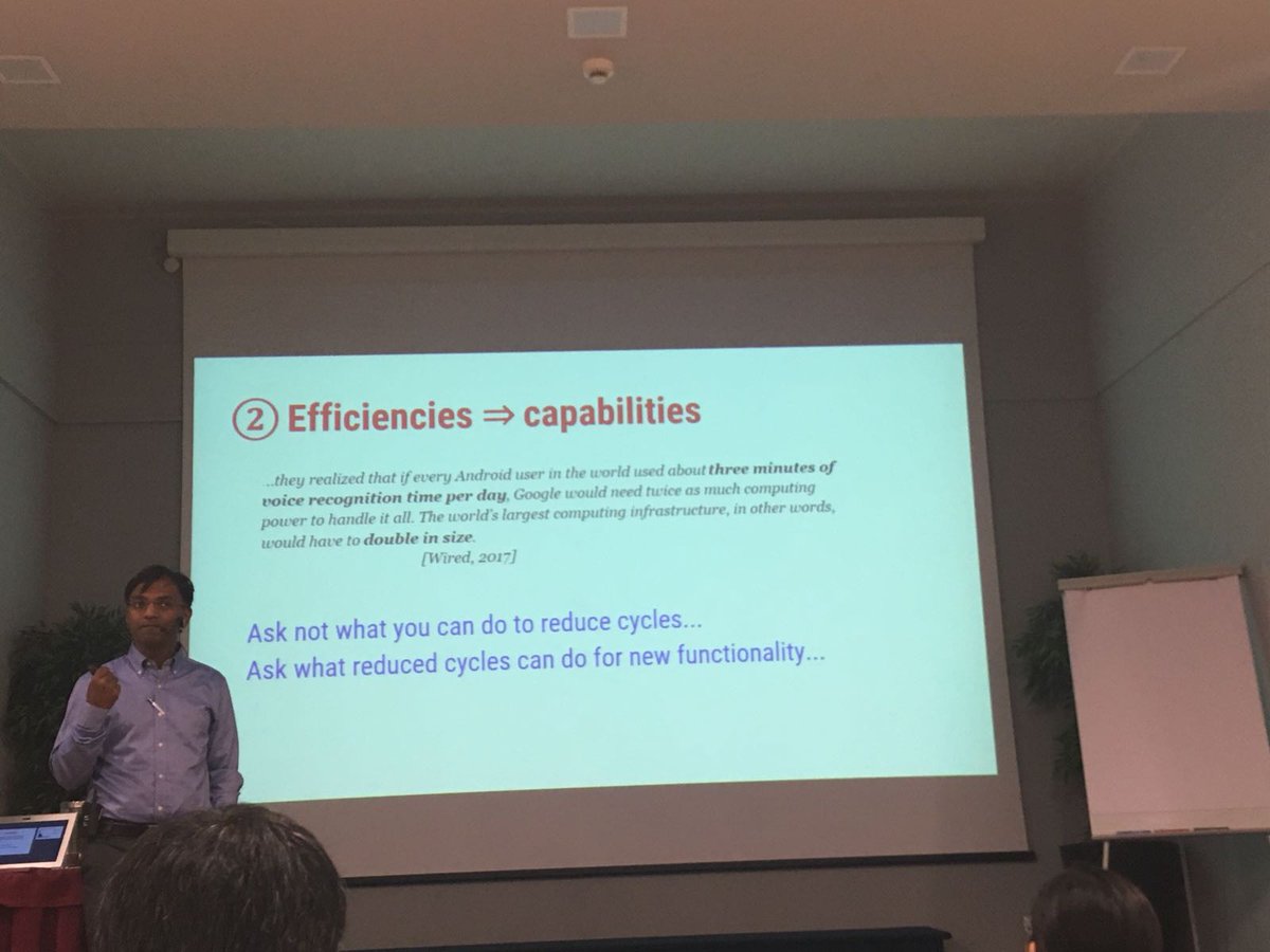hipeac's tweet photo. Ask not what you can do to reduce cycles... Ask what reduced cycles can do for new functionality. Great keynote talk from Partha Ranganathan @GoogleAI, kicking #ACACES18  off in style 👏👏👏
https://t.co/Ti6Ya8ImIW https://t.co/ge2boOaWxM