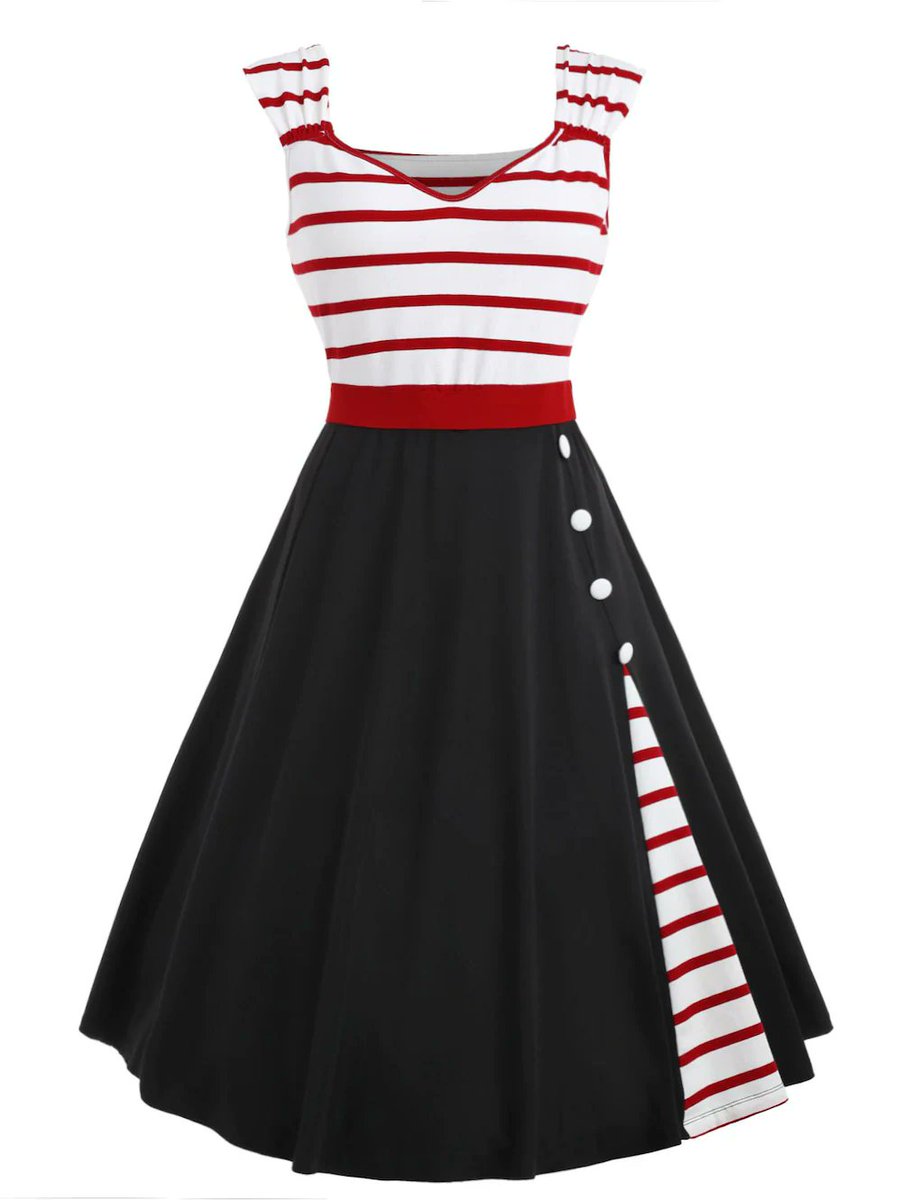 mod_and's tweet image. Striped Insert Sweetheart Neck Vintage Dress #vintagestyle #retro #clothing #dress wide shoulder strap with a cute sweetheart neckline, striped splicing, and button embellished modandretro.com/striped-insert…