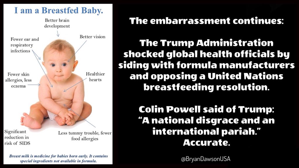 ‪The embarrassment continues:‬
‪The Trump administration shocked global health officials by siding with formula manufacturers and opposing a UN breastfeeding resolution‬

‪Colin Powell said of Trump: “A national disgrace and an international pariah.” Accurate.‬
‪https://slate.com/news-and-politics/2018/07/trump-administration-shocks-global-health-officials-by-opposing-pro-breastfeeding-resolution.html‬