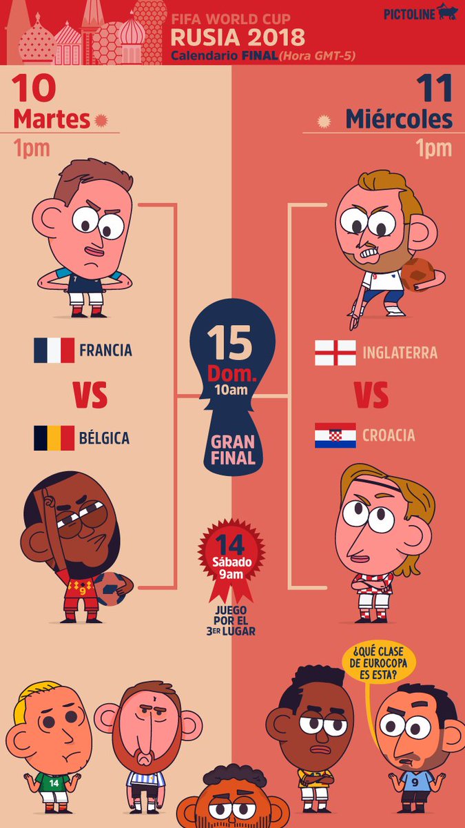 pictoline's tweet photo. "No me quiero ir, señor Mundial".

Ya solo quedan 4 equipos y una semana para que termine #Rusia2018

Va el último calendario con los partidos y horarios, diseñado para tu celular (y pasar por WhatsApp) 🏆⚽️ https://t.co/qvgVB0kVgB