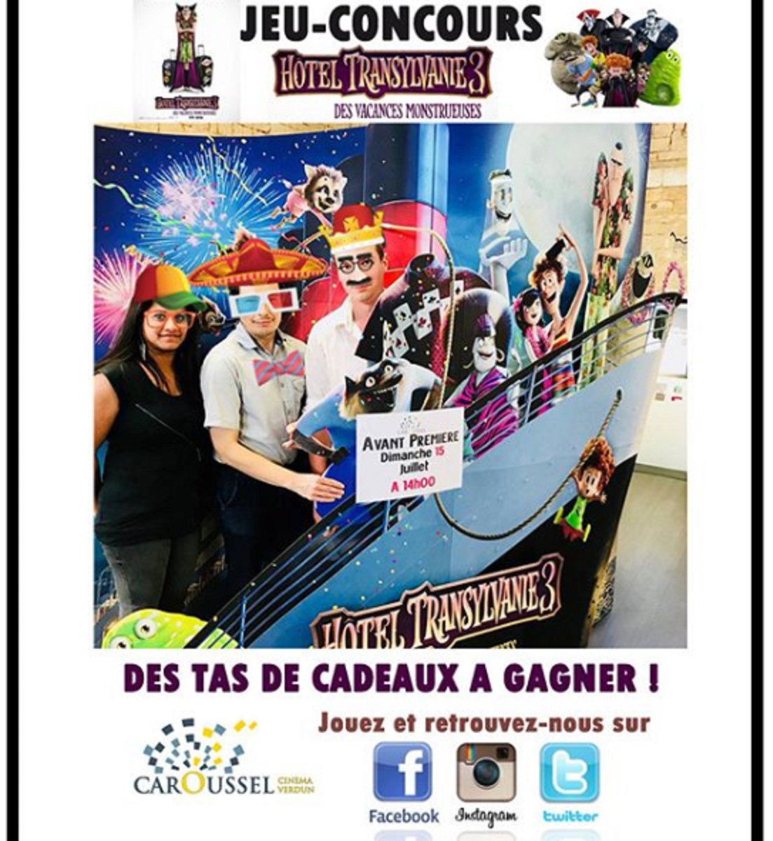 JEU-CONCOURS pour la sortie d'Hôtel Transylvanie 3
Tout comme l'équipe monstrueuse du cinéma, prenez-vous en photo et remportez des cadeaux à l'effigie des monstres d'Hotel Transylvanie !
On attend vos photos ! Lâchez-vous !
#concours #cinema #hoteltransylvania3 #completementfous