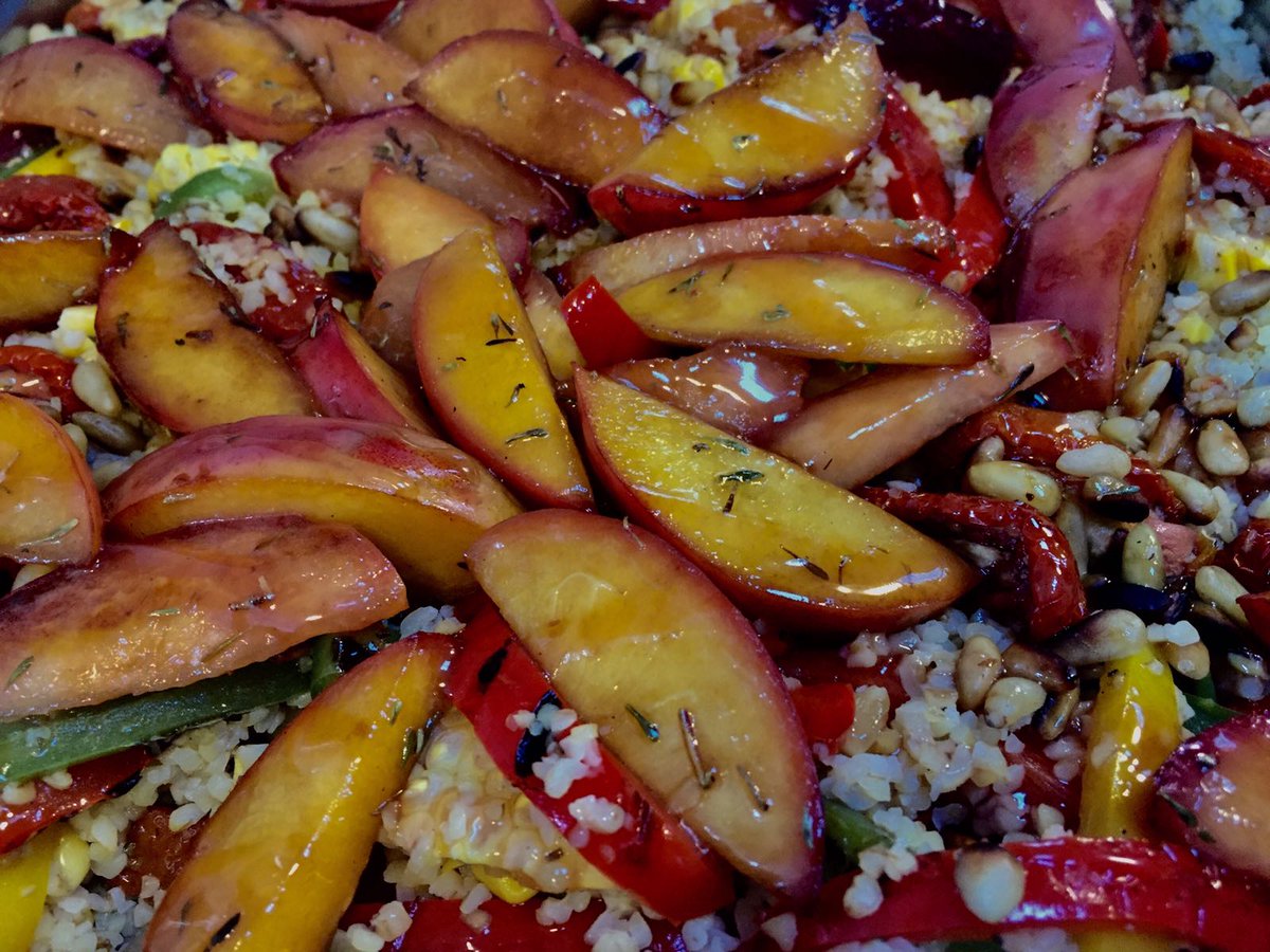 DeGendtThomas's tweet photo. Dinner time! 🍽 During the #TDF2018 I'll show you every night what we have for dinner. Stage 1: Sun dried tomato and mascarpone ravioli with broccoli sauce - Avocado-fig salad - Bulgur with roasted veggies and peach - Coconut soy dessert with mango and pineapple. 🍍 Enjoy! https://t.co/ymbYRXLvO6