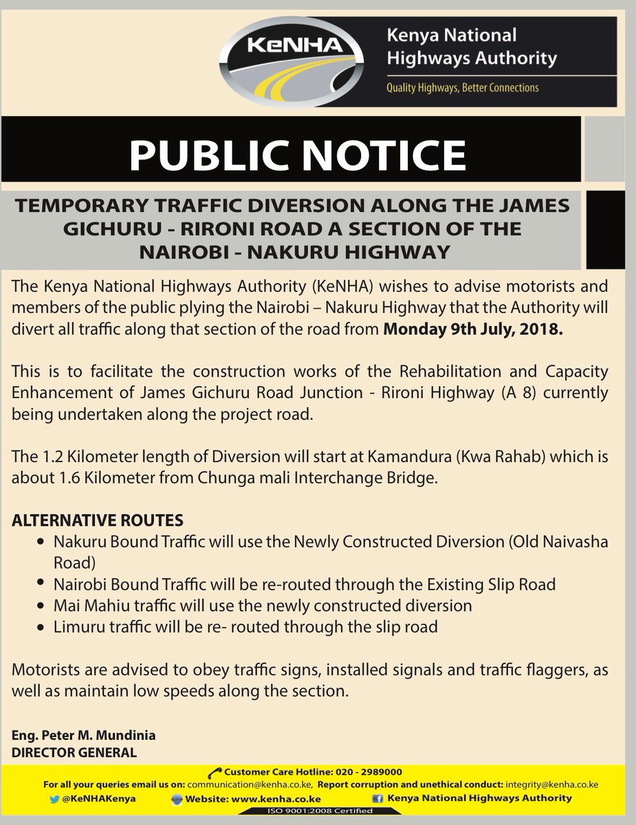 <a href="/Ma3Route/">Ma3Route</a> <a href="/RoadAlertsKE/">Road Alerts</a> <a href="/PRSA_Roadsafety/">Parkside Road Safety Awareness</a> <a href="/ntsa_kenya/">NTSA KENYA</a> <a href="/tycoontraffic/">tycoonews/traffic</a> @myroadtraffic expect some traffic jam along Waiyaki Way tomorrow. Mujipange kesho