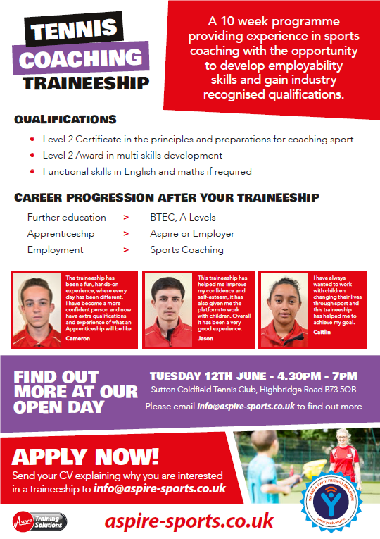 AspireSportsUK's tweet photo. Our Sports, Football and Tennis Coaching Traineeships this summer offer experience in coaching young people whilst learning from expert sports coaches, developing employability skills! 🏈
Click for more details https://t.co/GAWgEQI8Qe

@connexion_jobs @suttoncollege #trainee https://t.co/hZv4o1Q3Qg