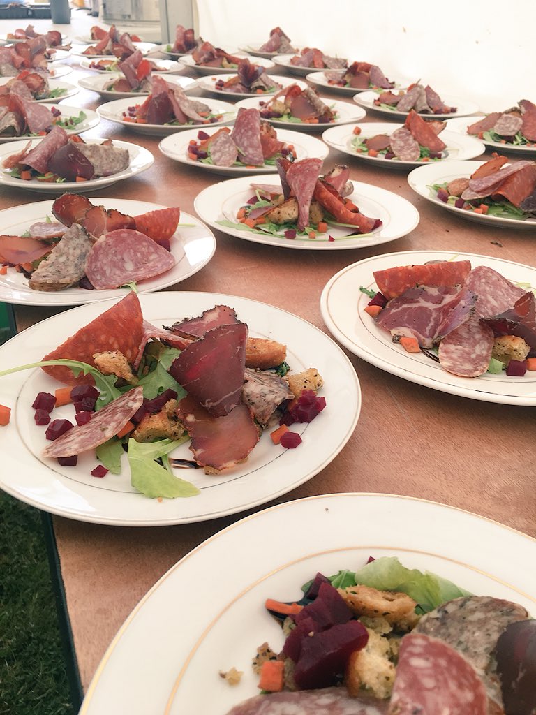 Our Charcuterie plates we served up for starter at a wedding we were catering for yesterday. Chorizo, Coppa, Fennel Salami, Tuscan salami, Bresaola &amp; Lomo. Served with pickled veg and a <a href="/broightergold/">#RapeseedOil🐝🌾🚜</a> vinaigrette. #NICharcuterie #NorthernIrelandsFinest #Wedding #outsidecatering