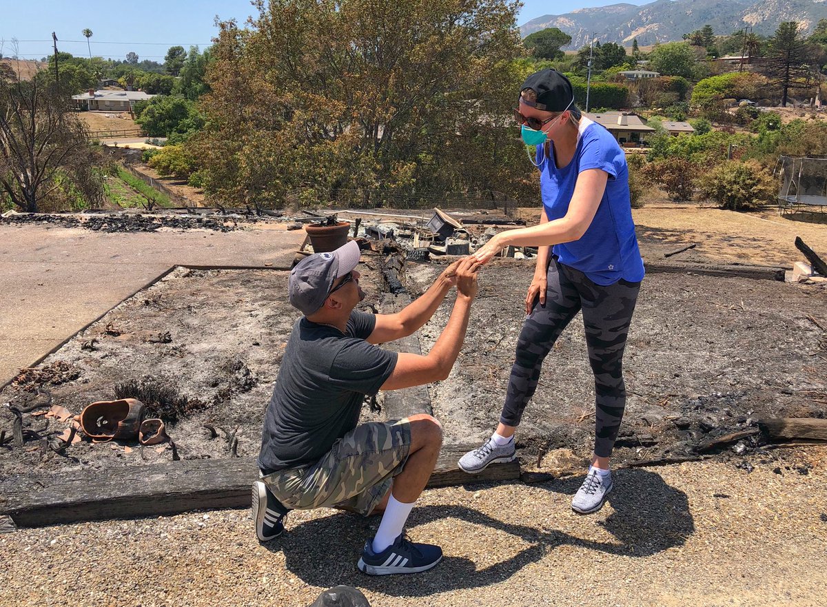 EliasonMike's tweet photo. #HolidayFire- Having lost their  Fairview Ave home of 3 years Friday night, Ishu and Laura Rao returned w Santa Barbara Co Fire to let Laura search for her wedding ring. She found the damaged Tiffany ring &amp; Ishu promptly dropped to a knee and asked her to marry him again. https://t.co/GVUgO8dgTJ