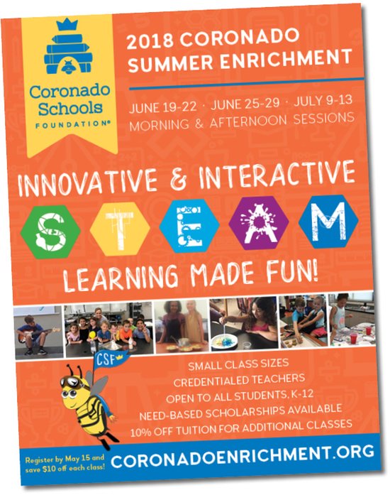 Week 3 of the 2018 Coronado Summer Enrichment program begins tomorrow, July 9th! To view the program brochure, visit: csfkids.org/static/media/u…