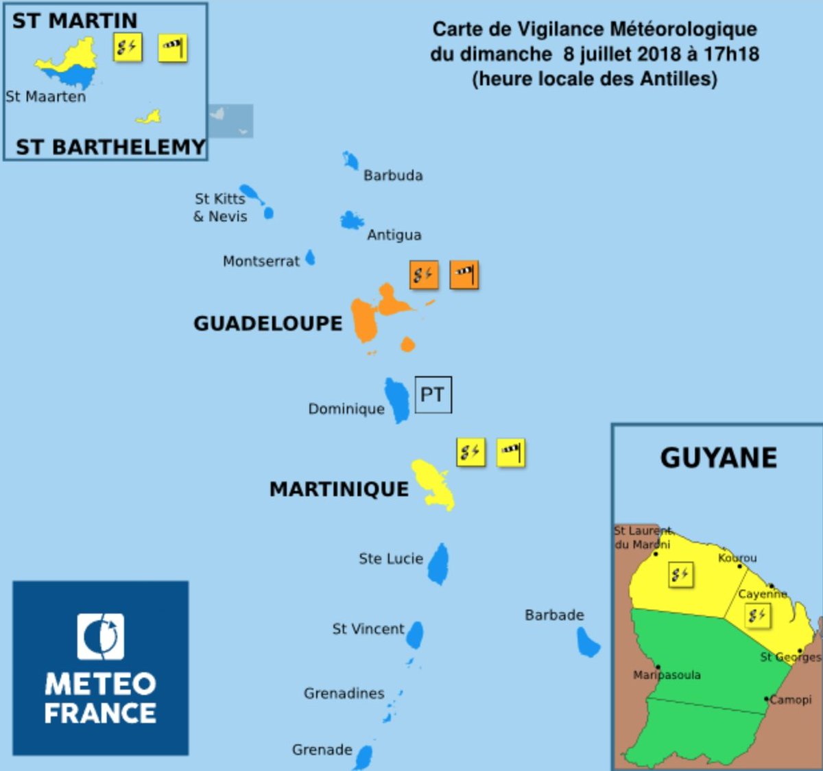 AtvGuadeloupe's tweet photo. Guadeloupe: Niveu de Vigilance Orange pour fortes pluies , orages et vents violents. 
Beryl a été rétrogradé au rang d'onde tropicale mais reste très actif. Son passage est attendu ce soir sur l'archipel. Ils sont souvent accompagnés de rafales de vent. https://t.co/pSyNzrAUcz