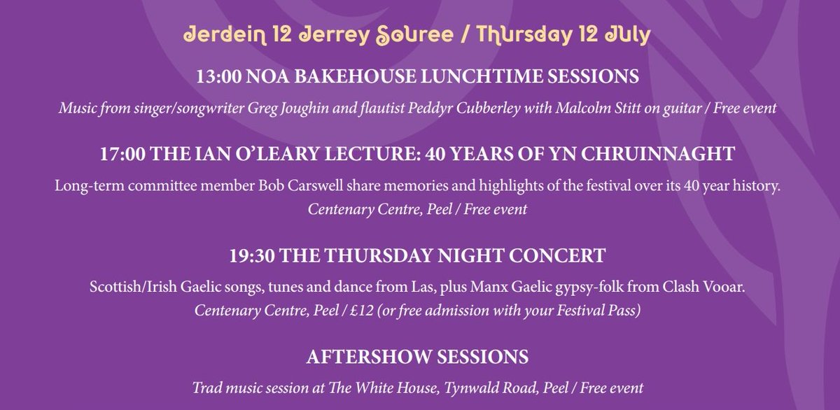 This is what's going on today at #CelticGatheringIOM:
Free session at @NoaBakehouse (1pm), a talk on #manx musical history by @Carsalagh (5pm), concert by @LasMusicDance & #ClashVooar (7.30pm), then the aftershow Whitehouse session.
Don't miss out!
celticgathering.im