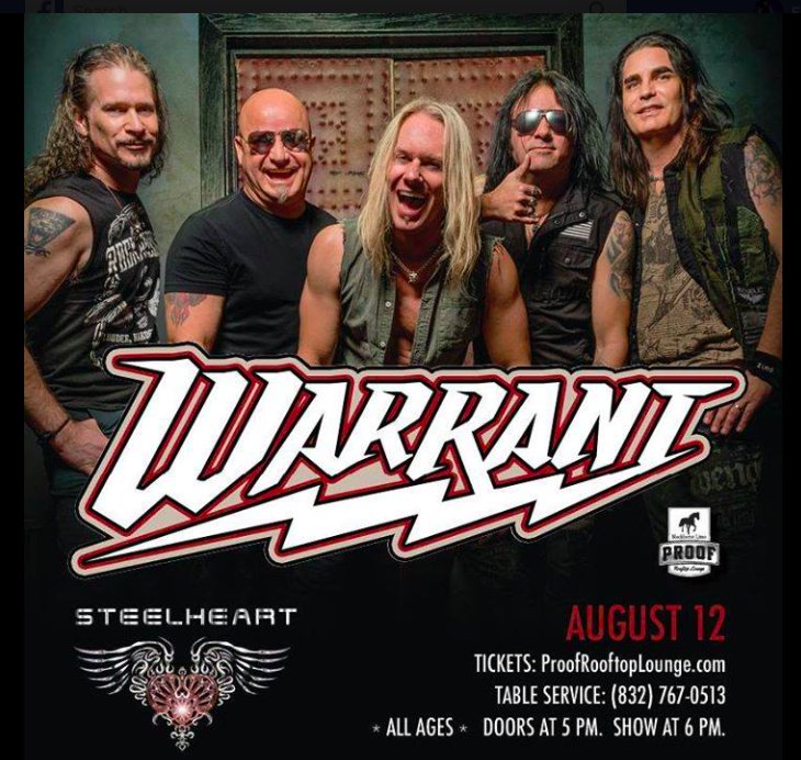 warrantrocks's tweet photo. WARRANT Special Guests SteelHeart will be at Proof Rooftop Lounge on August 12th!!! 🎫https://t.co/BuVO9SopBW #ALLAGES
#ProofRooftop https://t.co/fuphDkB7a0 Tour 2018 #Houston #Texas https://t.co/nTtINt27UX