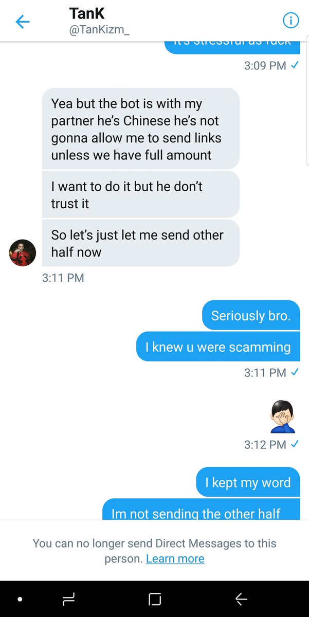 ionlycookws's tweet photo. Dont do business with @TanKizm_ his a scammer. Says his selling bots. Doesn't even have it in hand. Won't do pp invoice. Will only do Google pay. I will screenshot the conversation we had and also provide the emails he uses to receive payments. Thank You https://t.co/k8DL4wdxQc