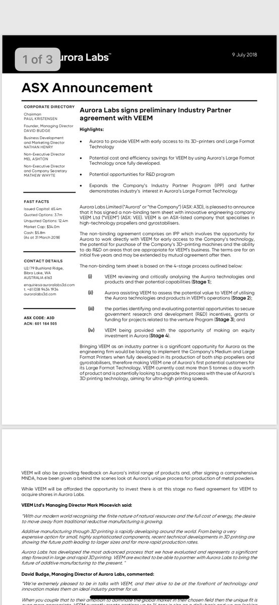 HunterCapital1's tweet photo. $A3D signs industry partner with $VEE allowing them a path way to test the Aurora product and eventually making an equity investment into $A3D - stock up 7 percent on open https://t.co/nfJxV4iCES