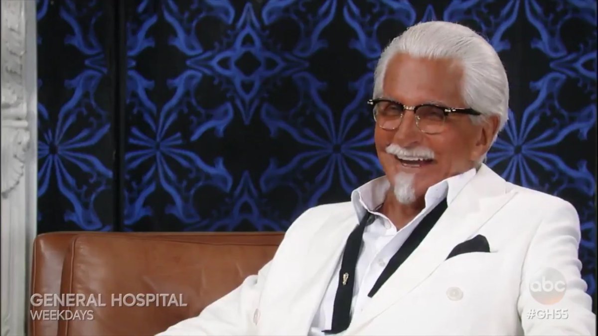 SheilaShankly's tweet photo. The Colonel was camptastic. Also, Lulu and Maxie’s outfits matched the wallpaper. #GH #FridayCatchup #ColonelHospital https://t.co/uavdBBQyEW