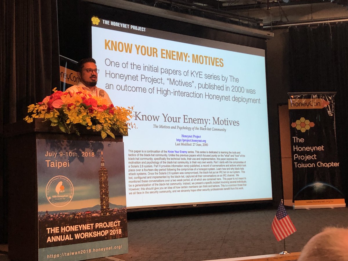 miguelraulb's tweet photo. Kicking off our annual @ProjectHoneynet workshop in #taiwan2018 with our CEO, Faiz Shuja https://t.co/ycyY37NEO5
