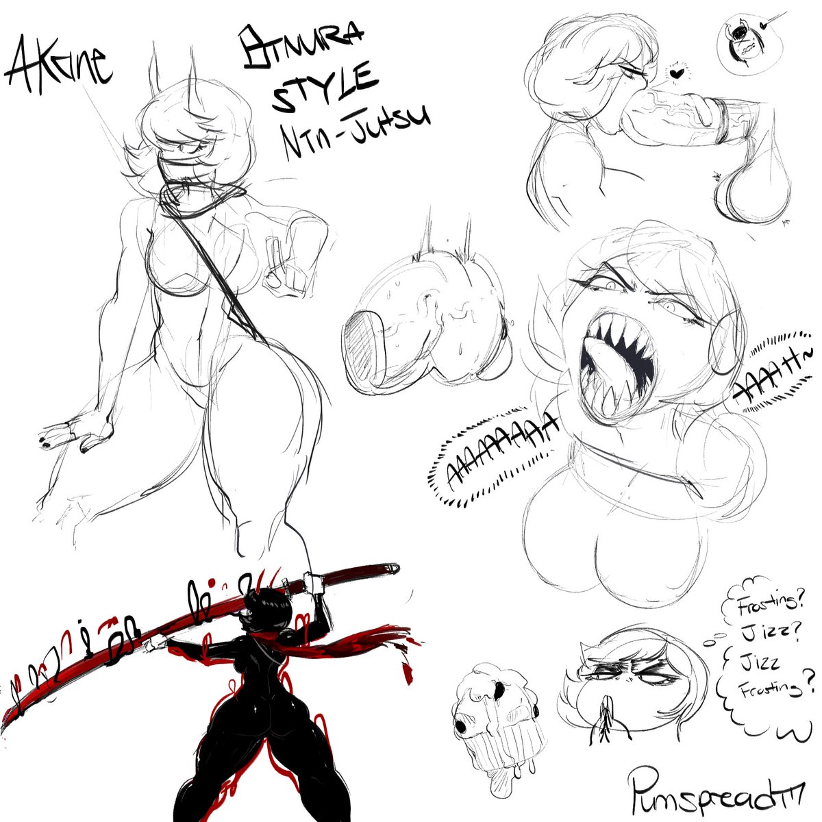 pumspreadart's tweet photo. Sketches of my oc, Akane. A changeling ninja with a demonic longsword :). #art #artwork #pumspread #pumsprreadart #nsfw #ninja #thicc #digitalart #digital #myart #sketch https://t.co/oK6gkB4LIk