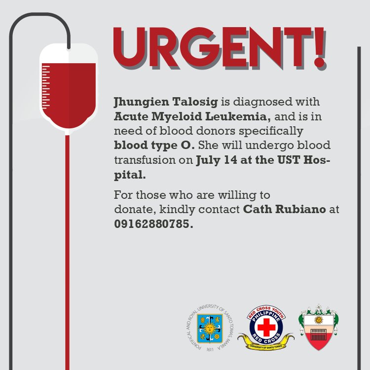 USTRCYC_AMV's tweet photo. URGENT!
Jhungien Talosig is in need of blood donors specifically Blood type O.
She will undergo blood transfusion on July 14, 2018 at UST Hospital.
Donate blood, Save lives, Be a hero!
#OneAMVOneRCYC
#RCYCares https://t.co/J90t46NWHc