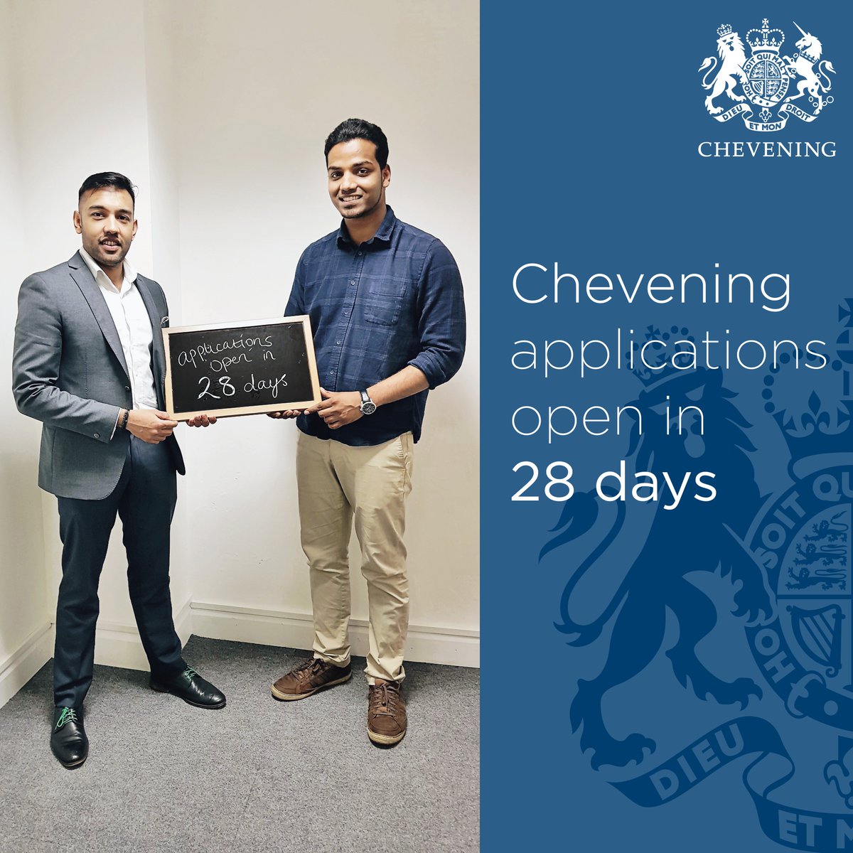 CheveningFCDO's tweet photo. Save the date! There are only 28 days left until applications open for 2019/2020 Chevening Awards to study in the UK. https://t.co/Kq8Bac8xmW