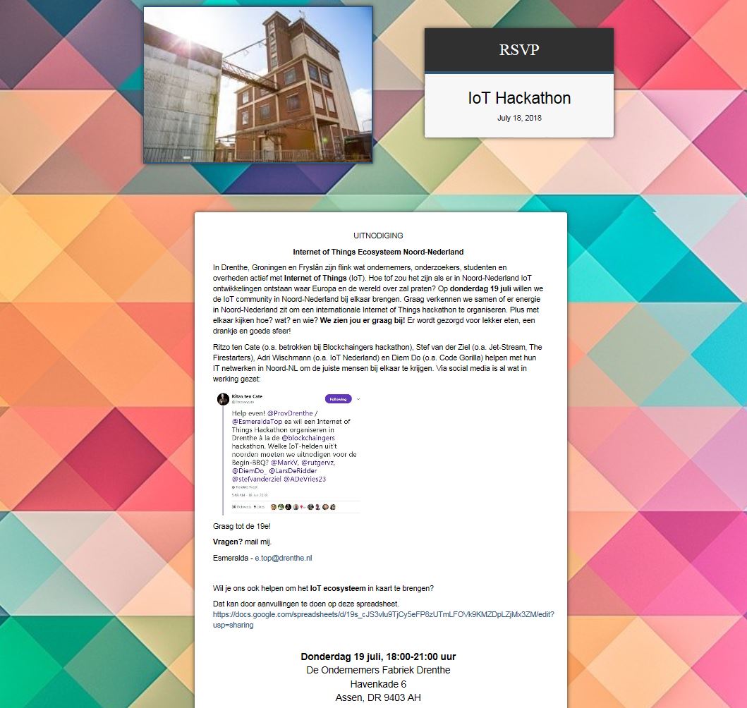 EsmeraldaTop's tweet image. Op donderdag 19 juli willen we Internet of Things #IoT helden uit #Drenthe #Groningen #Fryslân bij elkaar brengen in de Ondernemersfabriek Assen. Samen verkennen of er energie zit om een internationale IoT hackathon #NoordNL te organiseren. Ben jij er bij? iotnoordnl.rsvpify.com