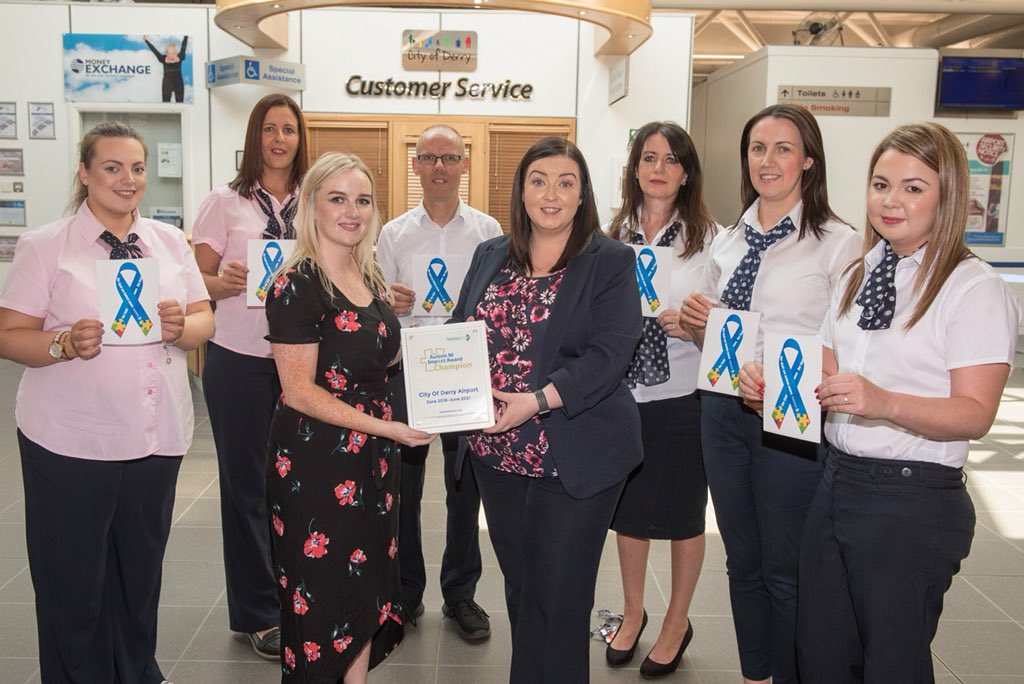 AutismNIPAPA's tweet photo. Autism NI are delighted to present @CoDerryAirport as the first airport in NI to achieve the Autism Impact Award.
Staff successfully completed a full day of autism training and now have 2 autism champions in place. Well done!
#AutismImpactAward #AutismAccessibility https://t.co/Js3qVxDj3D