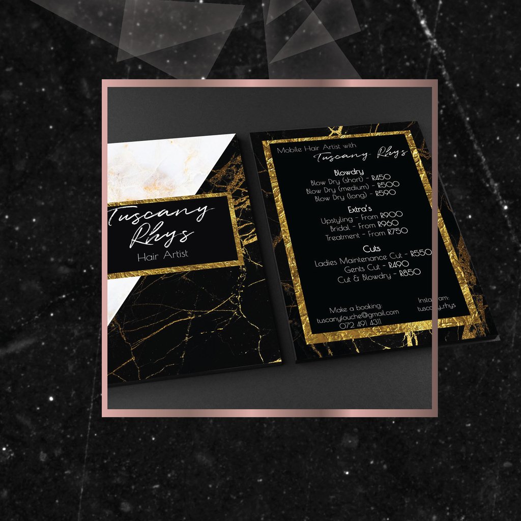 FullStopDesigns's tweet photo. Flyer design done for Tuscany Rhys Hair Artist. We are so inlove with black marble and gold😍 how about you?
For quotes: info@fullstopstudio.co.za

#flyer #flyerdesign #graphicdesign #flyerdesigner #logo #graphicdesigner #Capetown https://t.co/1h4gJRBkvv